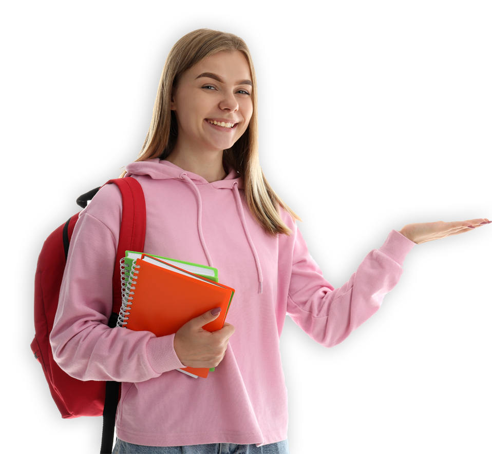 Smiling student holding notebooks and gesturing with hand.