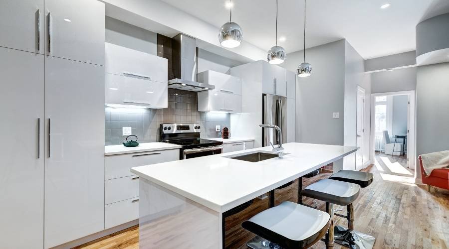 Modern kitchen with white cabinets and island