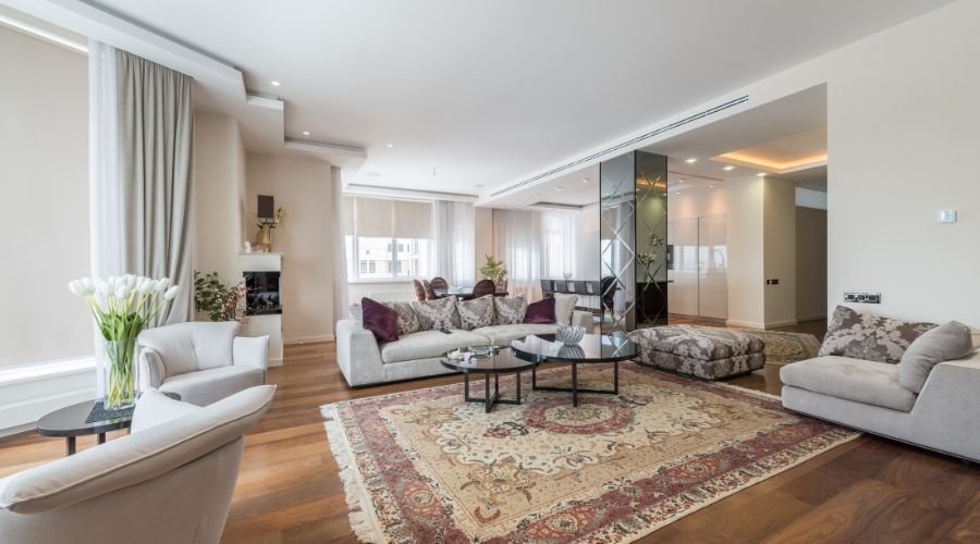 Modern living room with elegant decor and furniture.