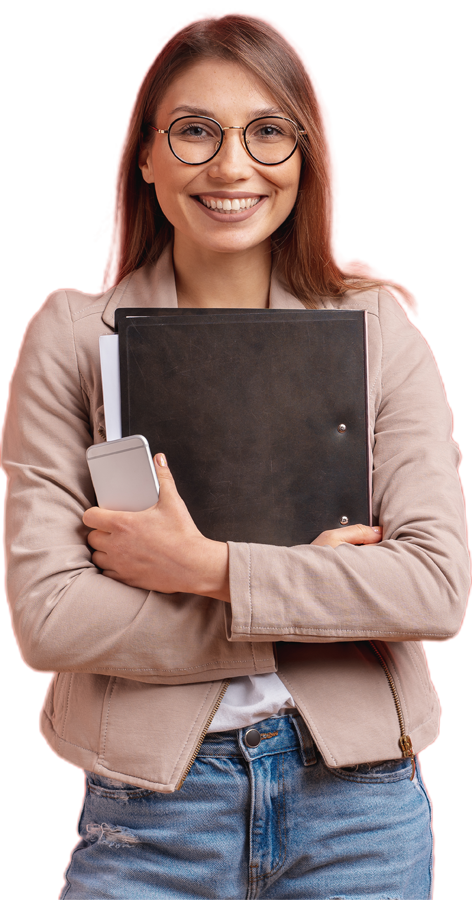 Smiling woman with phone and folder.